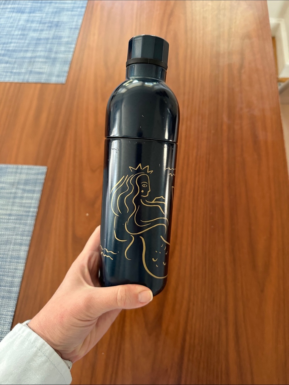 Starbucks Black Bottle with Gold Mermaid Line Art